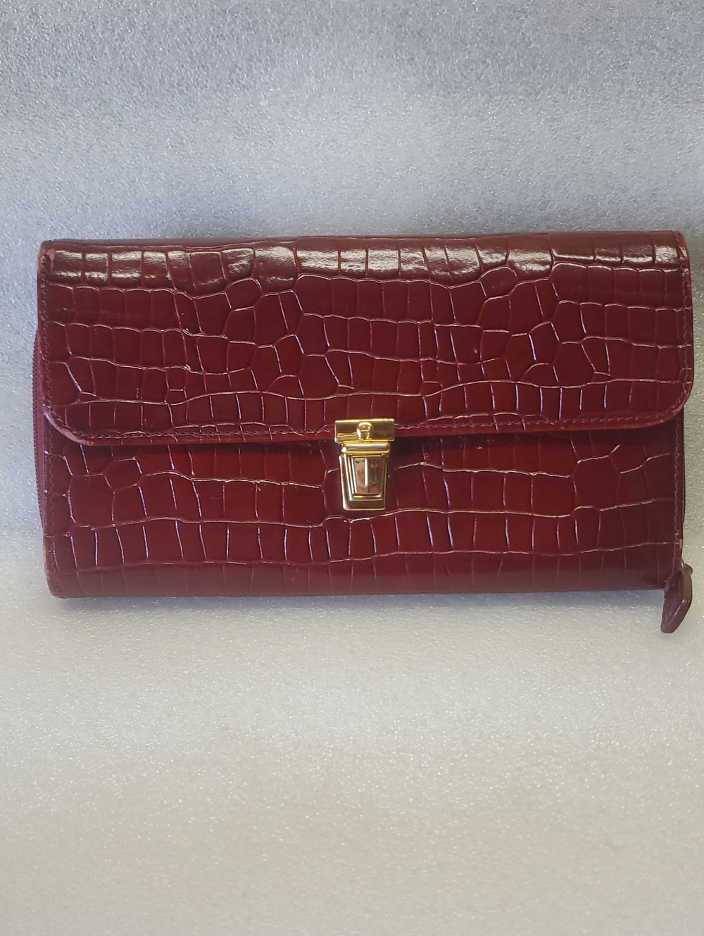Etienne Aigner Croc-Embossed Burgundy Wallet with Gold Hardware